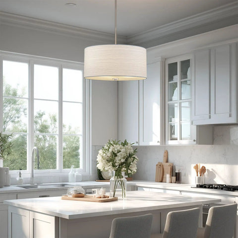 Pearl 18 Inch Modern 3 Light Drum Pendant Chandelier With White Textured Shade Glass Diffuser Adjustable Height LED Compatible