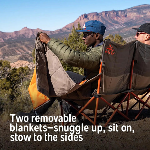 Two people sitting on Two Person Camping Chair With Removable Blankets Low To The Ground Loveseat Nest in nature