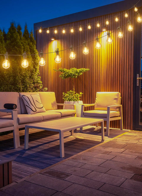 Patio with 69 Foot G40 Globe Outdoor String Lights With 32 Edison Bulbs Plus 2 Spares Waterproof Connectable patio decor.
