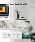 L Shaped Electric Standing Desk With Killer Storage Drawers, 63x48 Inch large workspace with quiet motor and cat resting.