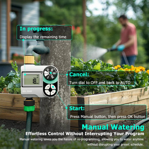 Programmable Sprinkler Timer With Brass Inlet And Outlet For Garden Hose Rain Delay Automatic And Manual Watering System Digital Drip Irrigation Timer For Yard And Lawn No Fuss Setup, displayed on a garden hose with control instructions.