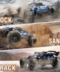 One Fourteen Scale All Terrain RC Car 4WD Off Road Truck traversing rock, sand, and track environments with high speed and control.