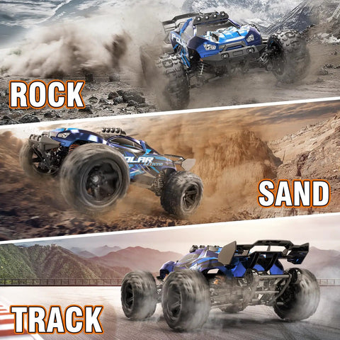One Fourteen Scale All Terrain RC Car 4WD Off Road Truck traversing rock, sand, and track environments with high speed and control.