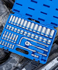 3/8 Inch Drive Socket Set With Quick Release Ratchet And 90 Tooth, 43 Piece Standard And Deep Metric Sockets, blue case on engine