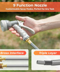 Hand holding 9 function sprayer nozzle of Easy Rewind Retractable Garden Hose Reel With Wall Mount, One Hundred Foot Five Eighth Inch Hose, Auto Slow Return, 180 Degree Swivel Bracket, Gray