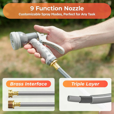 Hand holding 9 function sprayer nozzle of Easy Rewind Retractable Garden Hose Reel With Wall Mount, One Hundred Foot Five Eighth Inch Hose, Auto Slow Return, 180 Degree Swivel Bracket, Gray