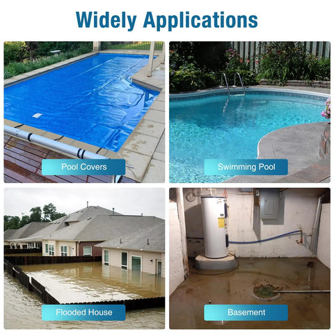 Applications for the 2 In 1 1/3 HP Automatic Pool Cover Pump With Submersible Design External Sensor Switch in various settings.