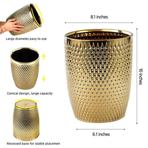 Golden Modern Small Trash Can Wastebasket For Bathrooms Powder Rooms Kitchens And Home Offices Durable Ceramic Round Garbage Container Bin Compact Space Saving Design That Fits Under Sinks Cabinets Or On Counters