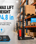 Badass Heavy Duty Semi Electric Pallet Stacker With 3300 Lbs Capacity And 94.8 Inch Max Lift Height in warehouse setting.
