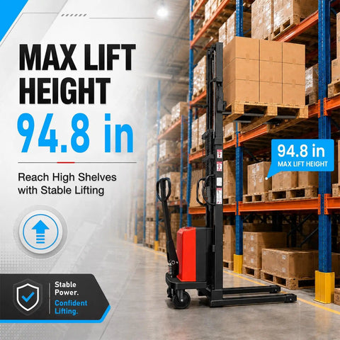 Badass Heavy Duty Semi Electric Pallet Stacker With 3300 Lbs Capacity And 94.8 Inch Max Lift Height in warehouse setting.
