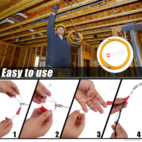 Pro Grade 10m High Strength Polyester Wire Fish Tape 3.0mm Wire Puller being used to run cable through ceiling joists