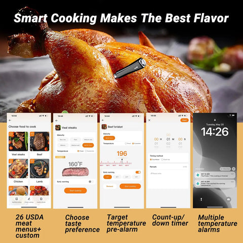 Four Probe Wireless Meat Thermometer With WiFi And Bluetooth Non Phone Connect Mode For Grilling On Rotisserie Grill Or Oven Like A Pro, Waterproof And Dishwasher Safe, Unlimited Range, Works With iOS And Android inserted in roasted chicken next to smartphone interface displays temperature reading.