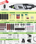 Powerful 180W Rotary Tool Kit With 6 Speed Settings And Flexible Shaft 8000 To 35000 RPM 213 Accessories Ideal For Crafting Projects DIYers Home Upgrades And Precision Detailing showcasing various accessories and attachments.