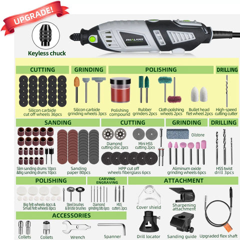 Powerful 180W Rotary Tool Kit With 6 Speed Settings And Flexible Shaft 8000 To 35000 RPM 213 Accessories Ideal For Crafting Projects DIYers Home Upgrades And Precision Detailing showcasing various accessories and attachments.