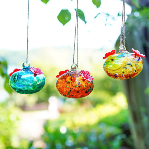 Set Of 3 Small Blown Glass Hummingbird Feeders For Outdoors Hanging With 2 Flower Feeding Ports 3 Inch Glass Hummingbird Feeders Garden Decor For Outside