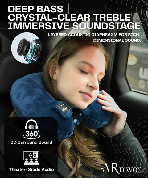 Bluetooth U Shaped Neck Pillow With Built In Speaker And Memory Foam For Airplane Bus Train Car Office And Outdoor Camping Dark Gray The Must Have Travel Essential in use by person in car.