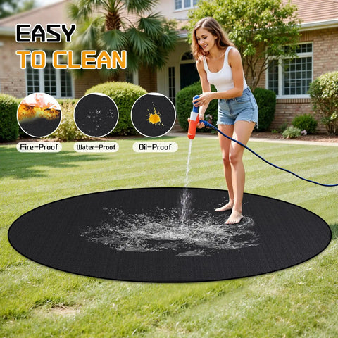 Woman cleaning 40 Inch Round Fire Pit Mat For Decks And Patios Double Sided Fireproof Under Grill Mat on grass with hose