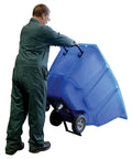 User tilting Blue Plastic Tilt Dump Cart With Half Cubic Yard Capacity And 450 Lb Load Rating Featuring Rust Resistant Steel Frame Tapered Front.