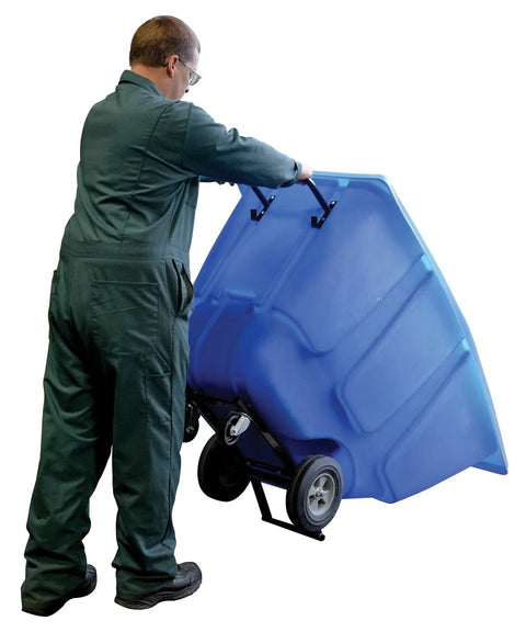 User tilting Blue Plastic Tilt Dump Cart With Half Cubic Yard Capacity And 450 Lb Load Rating Featuring Rust Resistant Steel Frame Tapered Front.