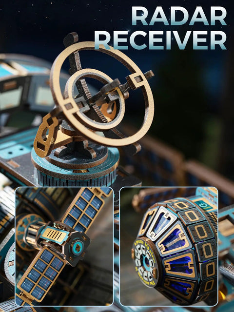 Space Station Rotating Mechanical Puzzle Kit With Lights And Motor, 511 Piece 3D STEM Project For Adults, Sci Fi Bookshelf Decor, Interactive Build For Beginners, A Totally Sick Gift For Men Women Teens 14 Plus, close-up of radar receiver