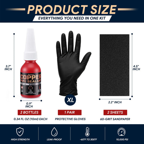 2 Pack Pipe Thread Sealant 0.67 Oz No Heat Liquid Solder For Plumbing And HVAC Copper Brass Yellow Metal With Gloves And 4 Sandpaper Sheets Included High Pressure Oil Resistant -60 F To 300 F 10,000 PSI showing 2 bottles, gloves, and sandpaper