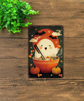 Funny Vintage Halloween Ghost Ramen Bowl Metal Sign Tin Wall Art 8 By 12 Inch featuring a playful ghost holding chopsticks.