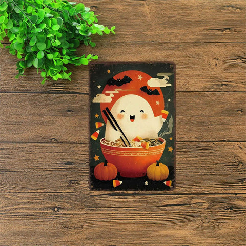 Funny Vintage Halloween Ghost Ramen Bowl Metal Sign Tin Wall Art 8 By 12 Inch featuring a playful ghost holding chopsticks.