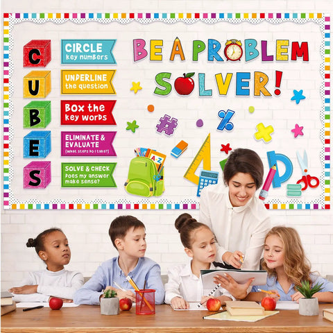 Children in classroom with Be A Problem Solver Math Bulletin Board Cutouts Colorful Classroom Decor For Back To School First Day Wall