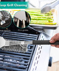 Heavy Duty Stainless Steel Grilling Utensil Set 18 Inch With Carry Bag For Outdoor Cooking And Camping Spatula Tongs Meat Fork Basting Brush Cleaning Brush A Great Gift For Men Grill Master Approved cleaning brush in use on grill