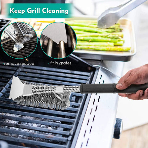 Heavy Duty Stainless Steel Grilling Utensil Set 18 Inch With Carry Bag For Outdoor Cooking And Camping Spatula Tongs Meat Fork Basting Brush Cleaning Brush A Great Gift For Men Grill Master Approved cleaning brush in use on grill
