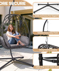 Dark Gray Wicker Egg Chair with Stand for Indoor Outdoor Use in patio setting with woman seated, stable base, heavy-duty chains, safety strap