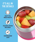 Insulated Kids Food Jar With Spoon 10 Oz Stainless Steel Vacuum Container with colorful fruit salad inside.