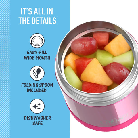 Insulated Kids Food Jar With Spoon 10 Oz Stainless Steel Vacuum Container with colorful fruit salad inside.