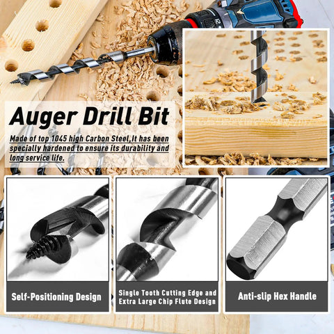 Eight Piece Wood Auger Drill Bit Set For Wood Plastic Drywall And Composite Materials Sizes 1/8 To 1/2 Inch With 1/4 Inch Hex Shank Made From 1045 Carbon Steel For Tough Wood Projects