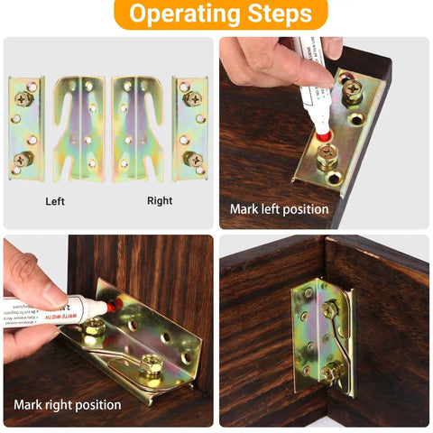 Rock Solid Galvanized Bed Rail Brackets 4 Pack With 32 Heavy Duty Screws Rust Proof steel connectors and marking steps for bed assembly.