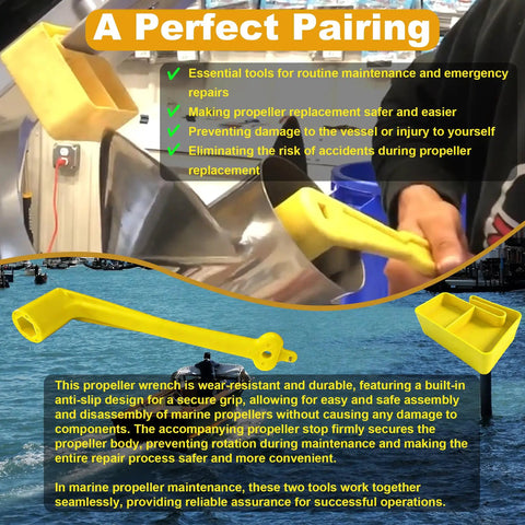 Person using Floating Prop Wrench And Prop Stop Kit For All Outboard And Stern Drive Boats, 1-1/16 Inch Polymer Tool, Yellow.