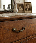 Six Pack Antique Brass Drop Bail Pulls For Furniture Standard Three And A Half Inch Center To Center Cabinet Handles Four Point Six Inch Overall Length Easy Install Vintage Style Pulls For Dresser Chest And Drawers on wooden dresser.