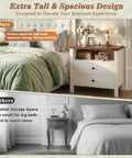 Set Of Two Modern Nightstands Featuring Double Drawers And Integrated Charging Station With Dual AC Outlets Plus USB Ports, extra tall design, suitable for high beds.