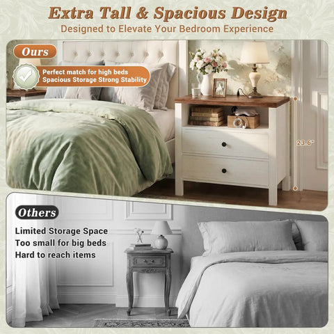 Set Of Two Modern Nightstands Featuring Double Drawers And Integrated Charging Station With Dual AC Outlets Plus USB Ports, extra tall design, suitable for high beds.