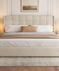 Heavy Duty King Size Upholstered Bed Frame Boasting Smooth Hydraulic Gas Lift Generous Hidden Underbed Storage And Plush Linen Cushioning For A Zero Mess Cozy Sleep Retreat with beige upholstery and tufted headboard.