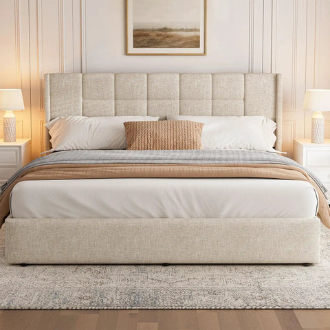 Heavy Duty King Size Upholstered Bed Frame Boasting Smooth Hydraulic Gas Lift Generous Hidden Underbed Storage And Plush Linen Cushioning For A Zero Mess Cozy Sleep Retreat with beige upholstery and tufted headboard.