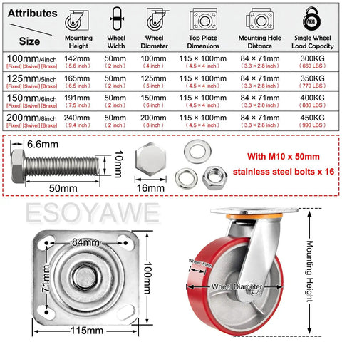 Built Tough Heavy Duty Plate Caster Replacement Set Featuring Dead Silent Polyurethane Wheels Double Ball Bearing Steel Hub specifications and dimensions.