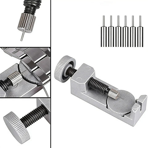 Watch Band Link Pin Remover And Repair Tool Kit, 24 In 1 Set With 6 Extra Tips, 20 Cotter Pins, shown with metal pin remover tool