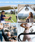 Rechargeable Battery Operated Stroller Fan Clip On for Baby shown on golf cart, camping tent, stroller at Disney, and treadmill.