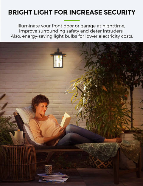 Woman reading under outdoor lighting with Dusk To Dawn Sensor LED Bulbs 6W A19 Outdoor Lighting 500 Lumens 2700K Warm White Auto On Off Photocell E26