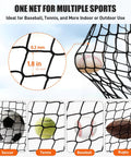 20 Foot Baseball And Softball Batting Cage Net For Backyard Practice Portable Hitting Net With Carabiners And Carry Bag UV Resistant PP Netting showcasing sports versatility with baseball, soccer, tennis, and rugby balls.