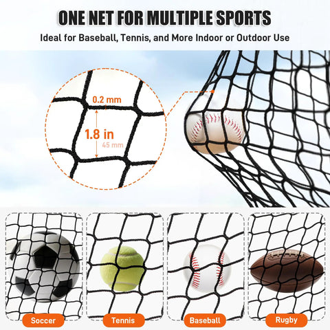 20 Foot Baseball And Softball Batting Cage Net For Backyard Practice Portable Hitting Net With Carabiners And Carry Bag UV Resistant PP Netting showcasing sports versatility with baseball, soccer, tennis, and rugby balls.