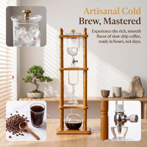 720 Milliliter Cold Brew Coffee Tower With Adjustable Valve Makes Five To Seven Cups, showcasing the elegant bamboo stand and glass components.