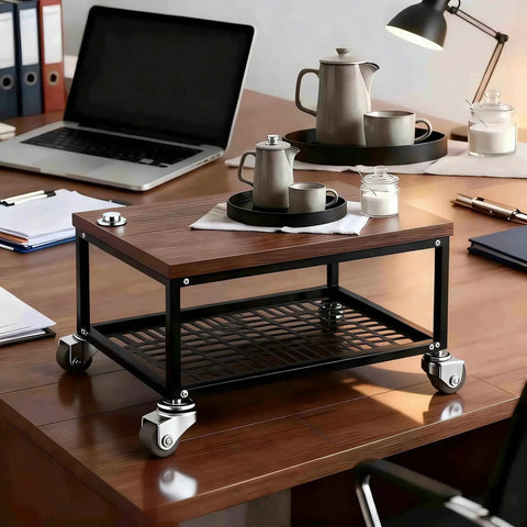 Hassle Free Mount Heavy Duty Brown Mini Caster Wheels With M4X15 Screws on a wooden office table with coffee set.
