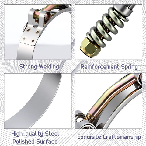 Heavy Duty T Bolt Hose Clamp Kit 16 Pack With Reinforcement Spring, Stainless Steel, 4 Sizes, detailing components